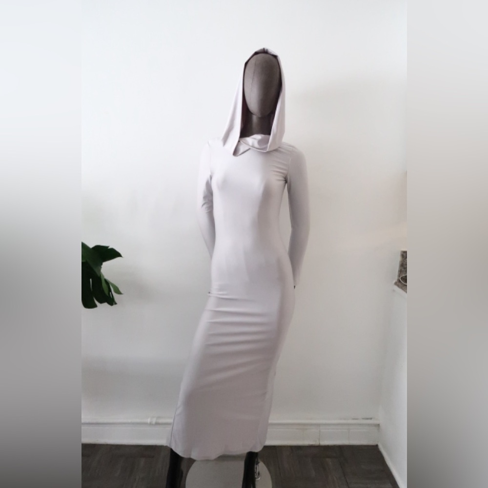 Long Sleeves Skinny Hooded Solid Color Maxi Dress